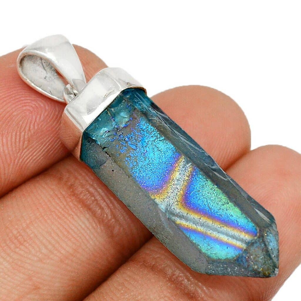 Pendentif quartz aqua aura monture argent 925 ref 8616