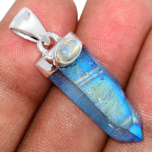 Pendentif quartz aqua aura-Pierre de lune monture argent 925 ref 8591