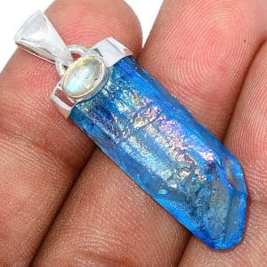 Pendentif quartz aqua aura-Pierre de lune monture argent 925 ref 8869