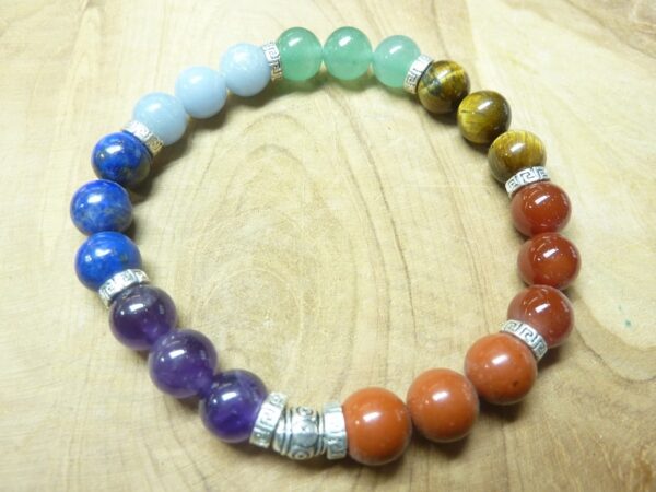 Bracelet chakras oeil de tigre-améthyste perles rondes 8 mm