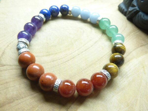 Bracelet chakras oeil de tigre-améthyste perles rondes 8 mm