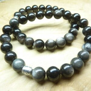 Bracelet Obsidienne argentée perles rondes 8 mm