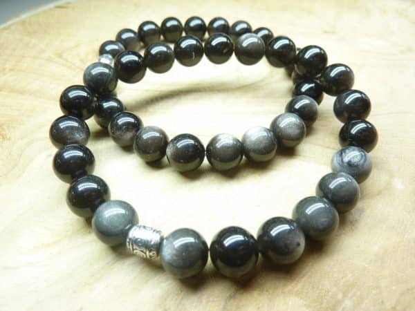 Bracelet Obsidienne argentée perles rondes 8 mm