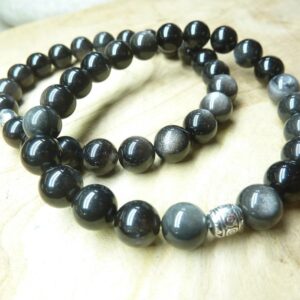 Bracelet Obsidienne argentée perles rondes 8 mm