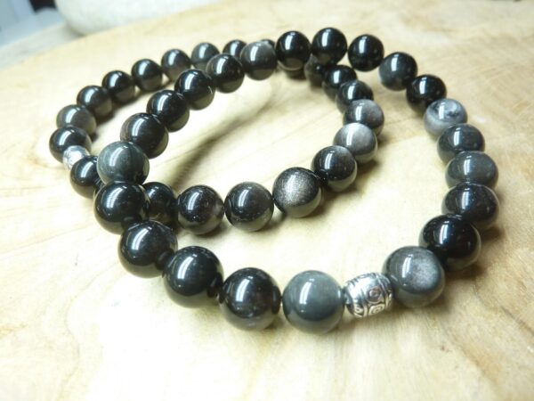 Bracelet Obsidienne argentée perles rondes 8 mm