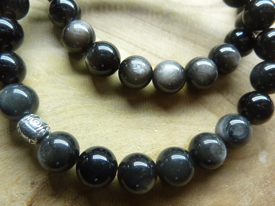 Bracelet Obsidienne argentée perles rondes 8 mm 