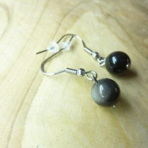 Boucles d'oreilles Obsidienne argentée perles rondes 8 mm