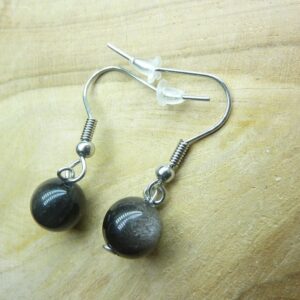 Boucles d'oreilles Obsidienne argentée perles rondes 8 mm