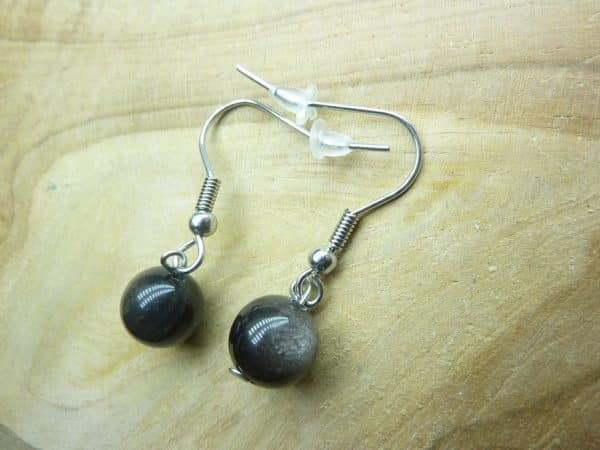 Boucles d'oreilles Obsidienne argentée perles rondes 8 mm