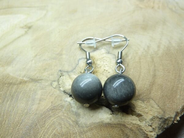 Boucles d'oreilles Obsidienne argentée perles rondes 10 mm