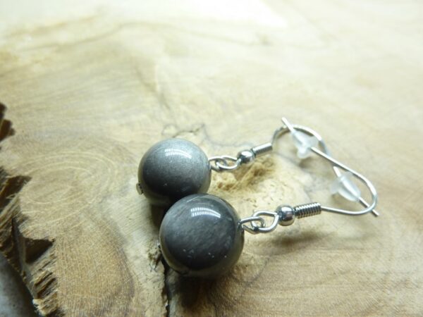 Boucles d'oreilles Obsidienne argentée perles rondes 10 mm