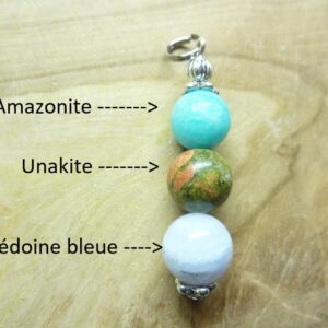 Pendentif Amazonite-unakite-calcédoine bleue - Perles rondes 10 mm