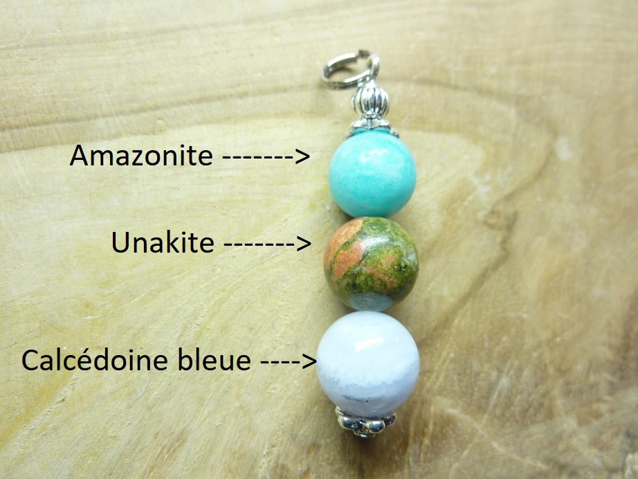 Pendentif Amazonite-unakite-calcédoine bleue - Perles rondes 10 mm