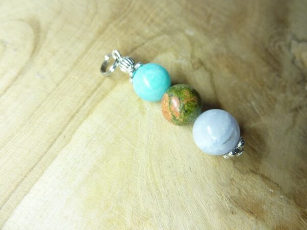 Pendentif Amazonite-unakite-calcédoine bleue - Perles rondes 10 mm