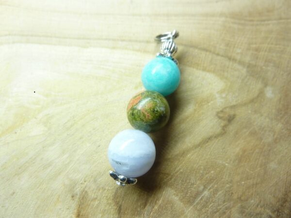 Pendentif Amazonite-unakite-calcédoine bleue - Perles rondes 10 mm