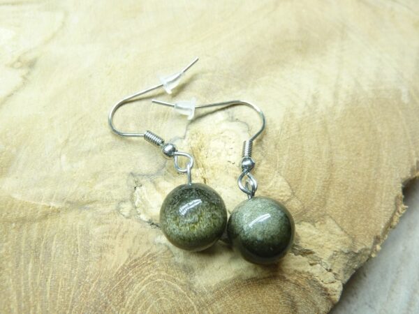 Boucles d'oreilles Obsidienne dorée - perles rondes 10 mm