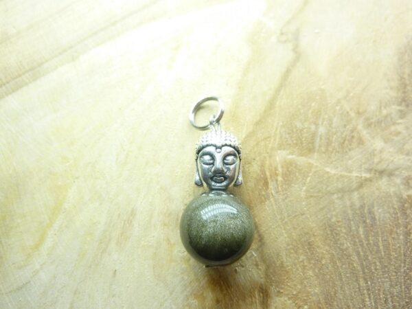 Pendentif Obsidienne dorée-Bouddha - perles rondes 12 mm