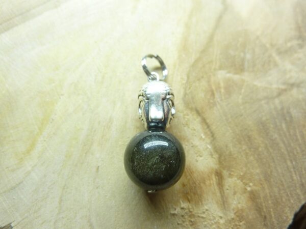 Pendentif Obsidienne dorée-Bouddha - perles rondes 12 mm