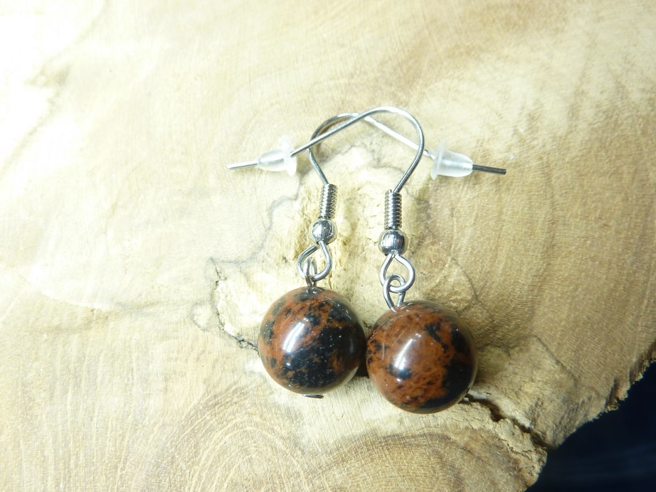 Boucles d'oreilles Obsidienne acajou-mahogany perles rondes 10 mm