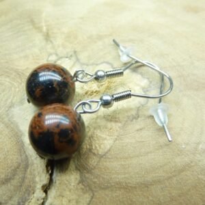 Boucles d'oreilles Obsidienne acajou-mahogany perles rondes 10 mm