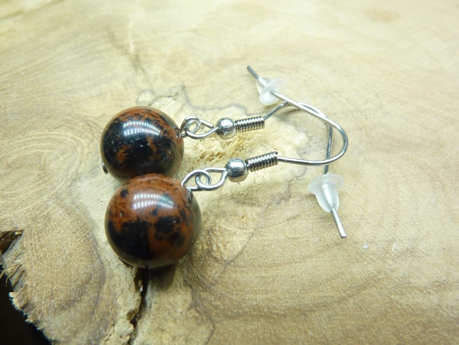 Boucles d'oreilles Obsidienne acajou-mahogany perles rondes 10 mm