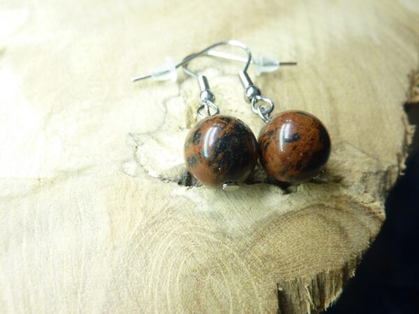 Boucles d'oreilles Obsidienne acajou-mahogany perles rondes 10 mm