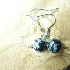 Boucles d'oreilles Obsidienne flocon de neige - Perles rondes 10 mm