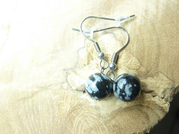 Boucles d'oreilles Obsidienne flocon de neige - Perles rondes 10 mm