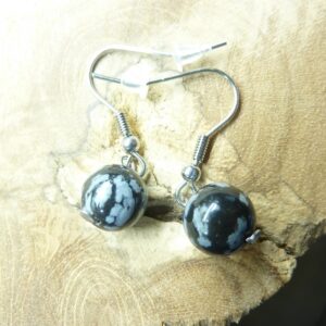 Boucles d'oreilles Obsidienne flocon de neige - Perles rondes 10 mm