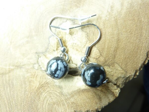 Boucles d'oreilles Obsidienne flocon de neige - Perles rondes 10 mm