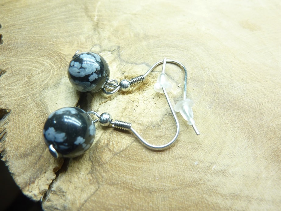Boucles d'oreilles Obsidienne flocon de neige - Perles rondes 10 mm