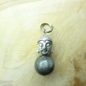 Pendentif Obsidienne argentée-Bouddha perles 10 mm