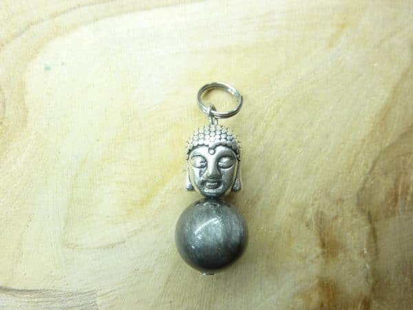 Pendentif Obsidienne argentée-Bouddha perles 10 mm