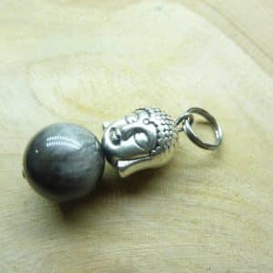 Pendentif Obsidienne argentée-Bouddha perles 10 mm