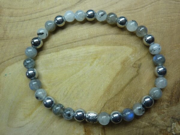 Bracelet Quartz tourmaliné-labradorite-hématite perles 6 mm