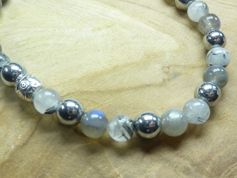 Bracelet Quartz tourmaliné-labradorite-hématite perles 6 mm