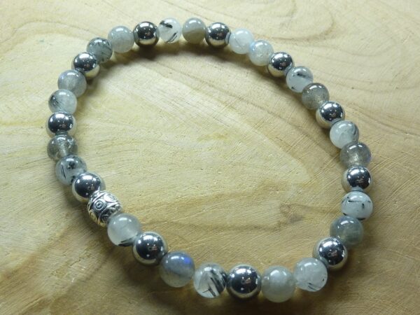 Bracelet Quartz tourmaliné-labradorite-hématite perles 6 mm