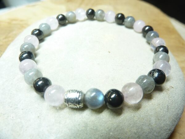 Bracelet Shungite-Labradorite-Quartz rose perles 6 mm