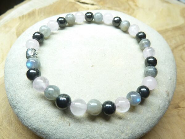 Bracelet Shungite-Labradorite-Quartz rose perles 6 mm