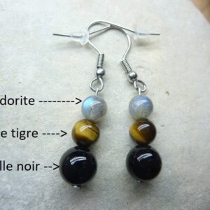 Boucles d'oreilles Oeil de tigre-Labradorite-Spinelle noir