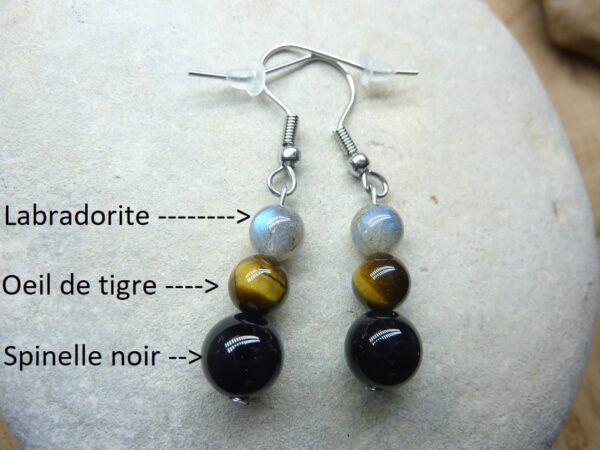 Boucles d'oreilles Oeil de tigre-Labradorite-Spinelle noir