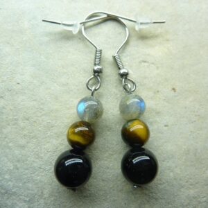 Boucles d'oreilles Oeil de tigre-Labradorite-Spinelle noir