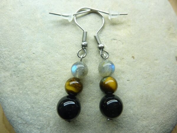 Boucles d'oreilles Oeil de tigre-Labradorite-Spinelle noir
