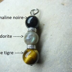 Pendentif oeil de tigre-tourmaline noir-labradorite 10 mm