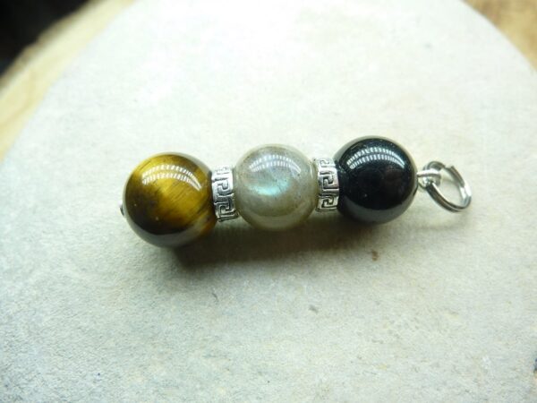 Pendentif oeil de tigre-tourmaline noir-labradorite 10 mm