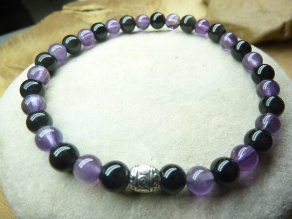 Bracelet Améthyste-Obsidienne oeil céleste-perles 6 mm