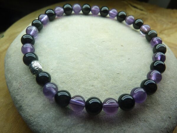 Bracelet Améthyste-Obsidienne oeil céleste-perles 6 mm