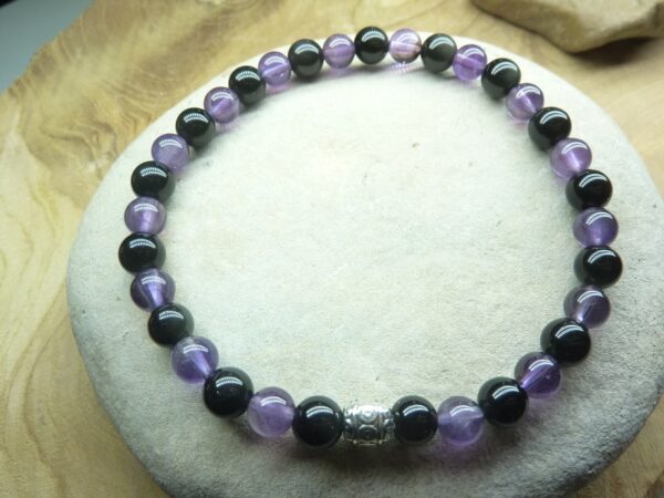 Bracelet Améthyste-Obsidienne oeil céleste-perles 6 mm