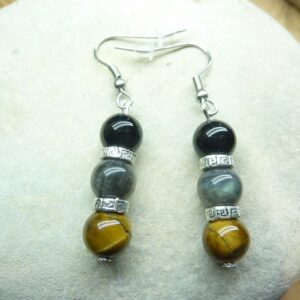 Boucles d'oreilles Oeil de tigre-Labradorite-Tourmaline noire 8 mm