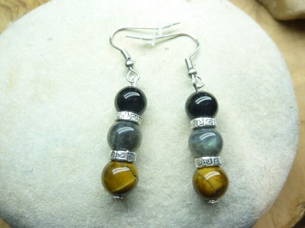 Boucles d'oreilles Oeil de tigre-Labradorite-Tourmaline noire 8 mm